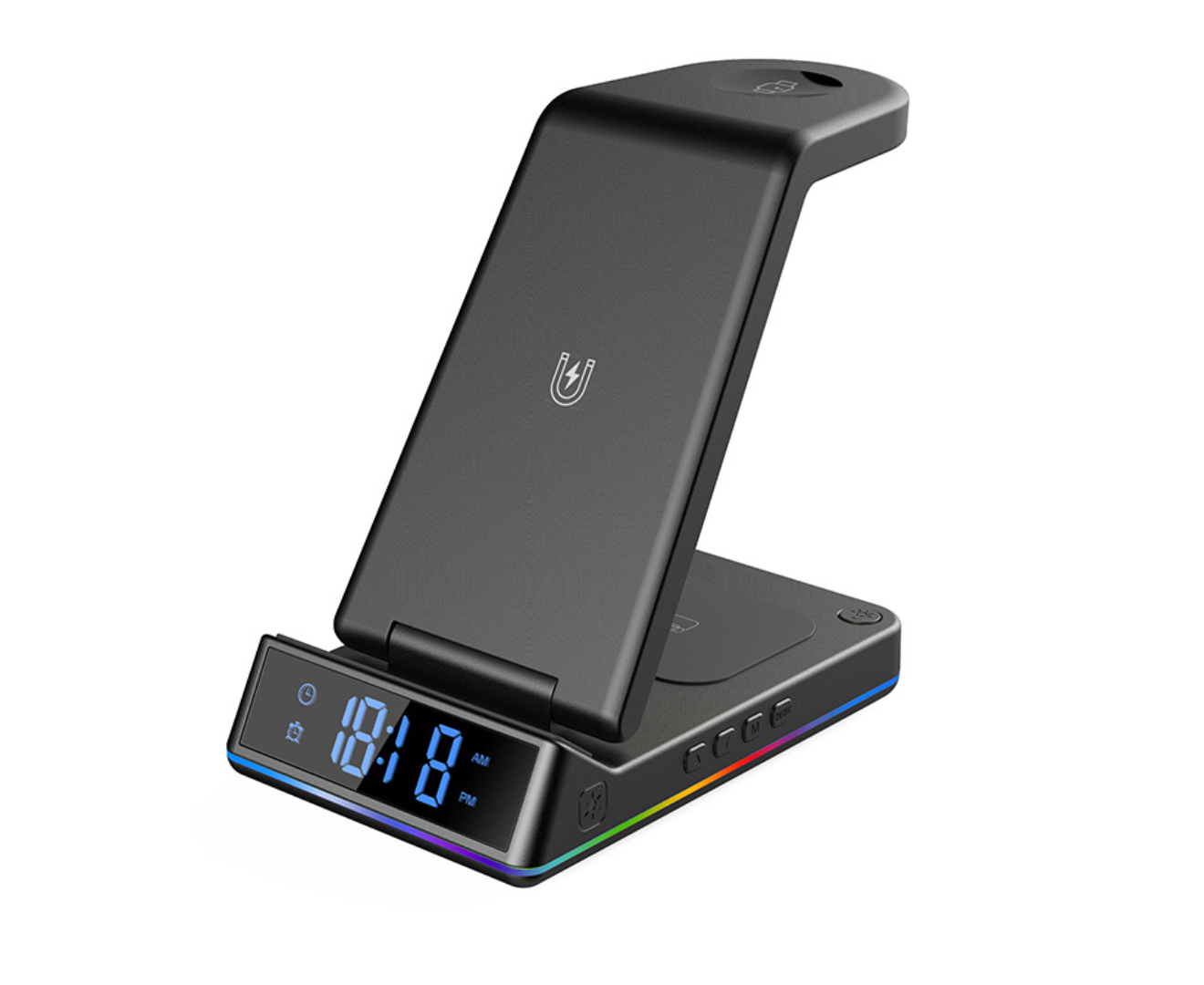 5-in-1 Fast Wireless Charger Station with Time Function, Alarm Clock and LED Lights (15W) with 18W Qualcomm Adapter