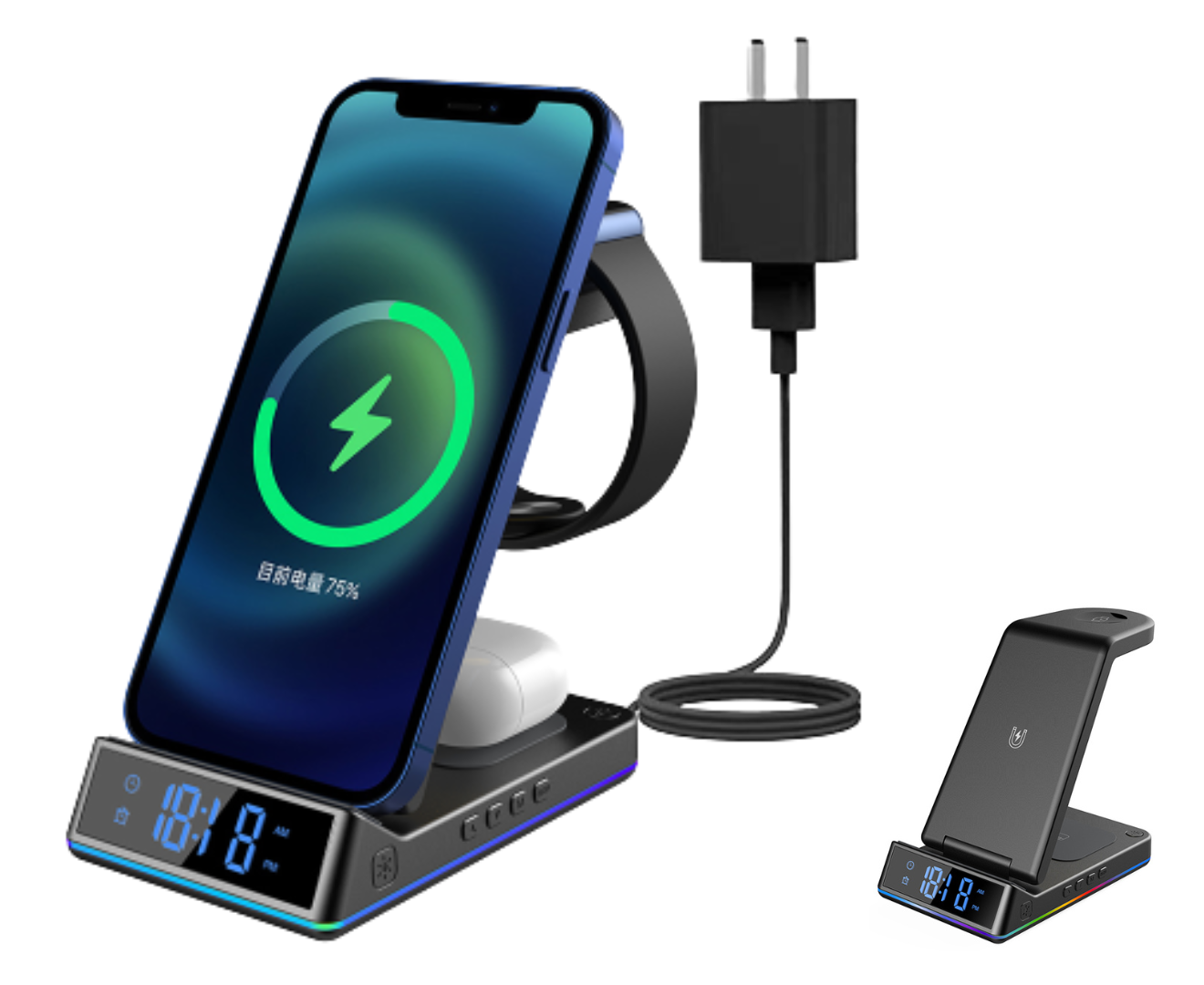 5-in-1 Fast Wireless Charger Station with Time Function, Alarm Clock and LED Lights (15W) with 18W Qualcomm Adapter