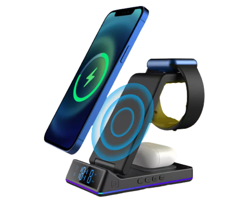 5-in-1 Fast Wireless Charger Station with Time Function, Alarm Clock and LED Lights (15W) with 18W Qualcomm Adapter